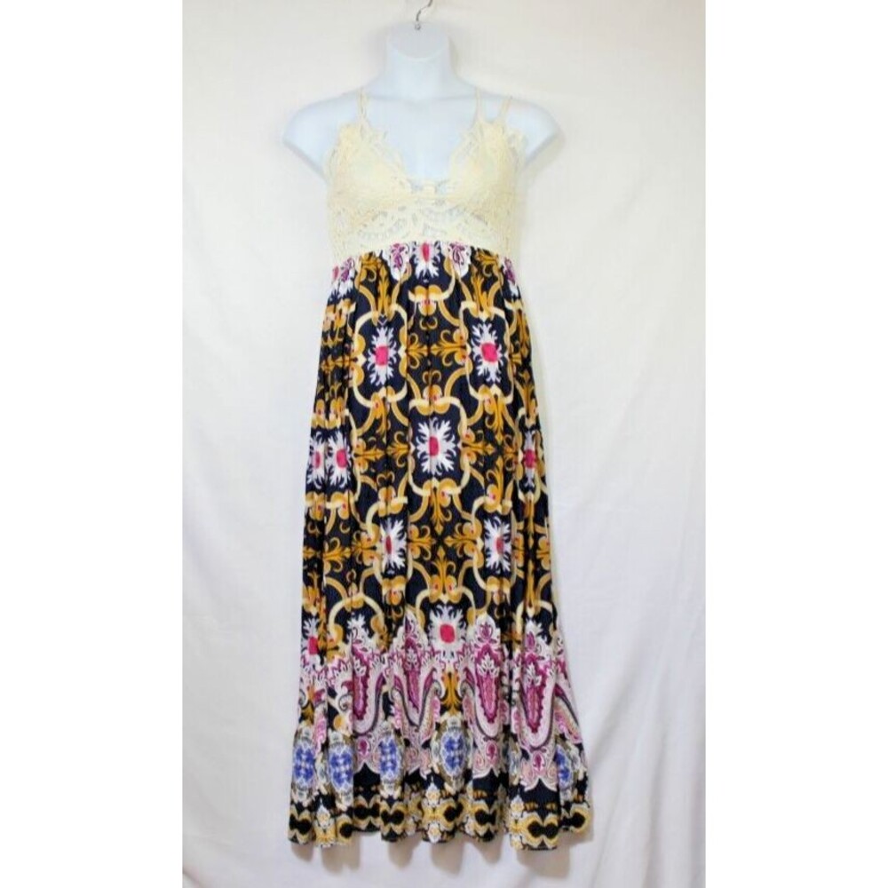 Umgee Paisley Spaghetti Strap Maxi Sun Dress Women’s Small Navy Geometric Print